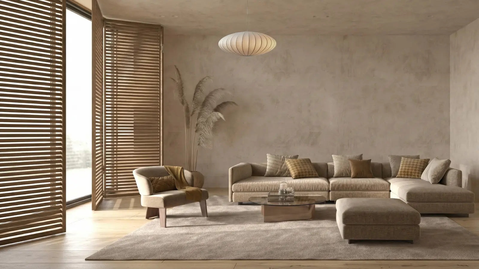 Modern living room with beige sofa, armchair, and ottoman in a minimalistic setting.