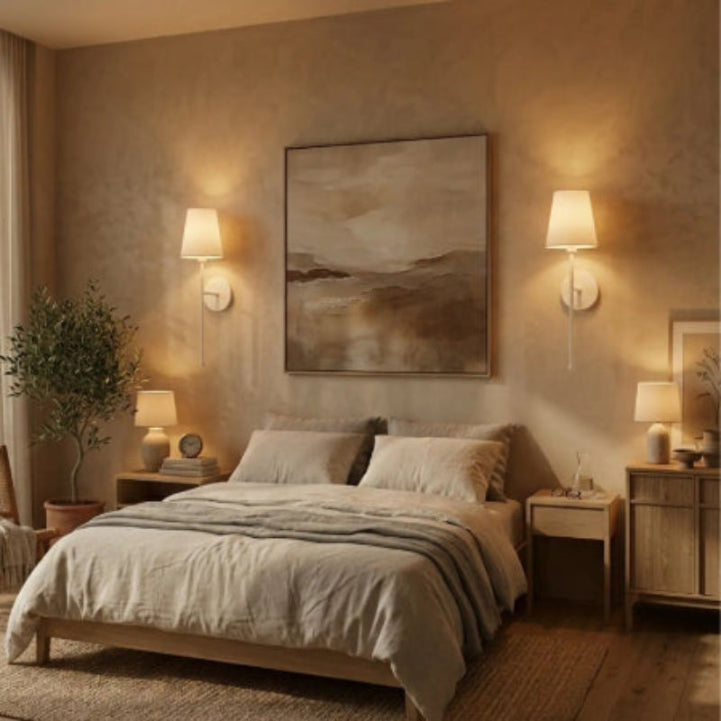 Cozy bedroom with a bed, nightstands, lamps, and wall art.